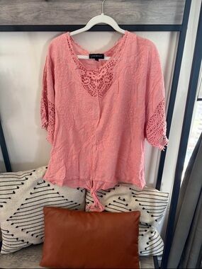 Lane Bryant Coral-Pink Crochet Tie-Front Blouse